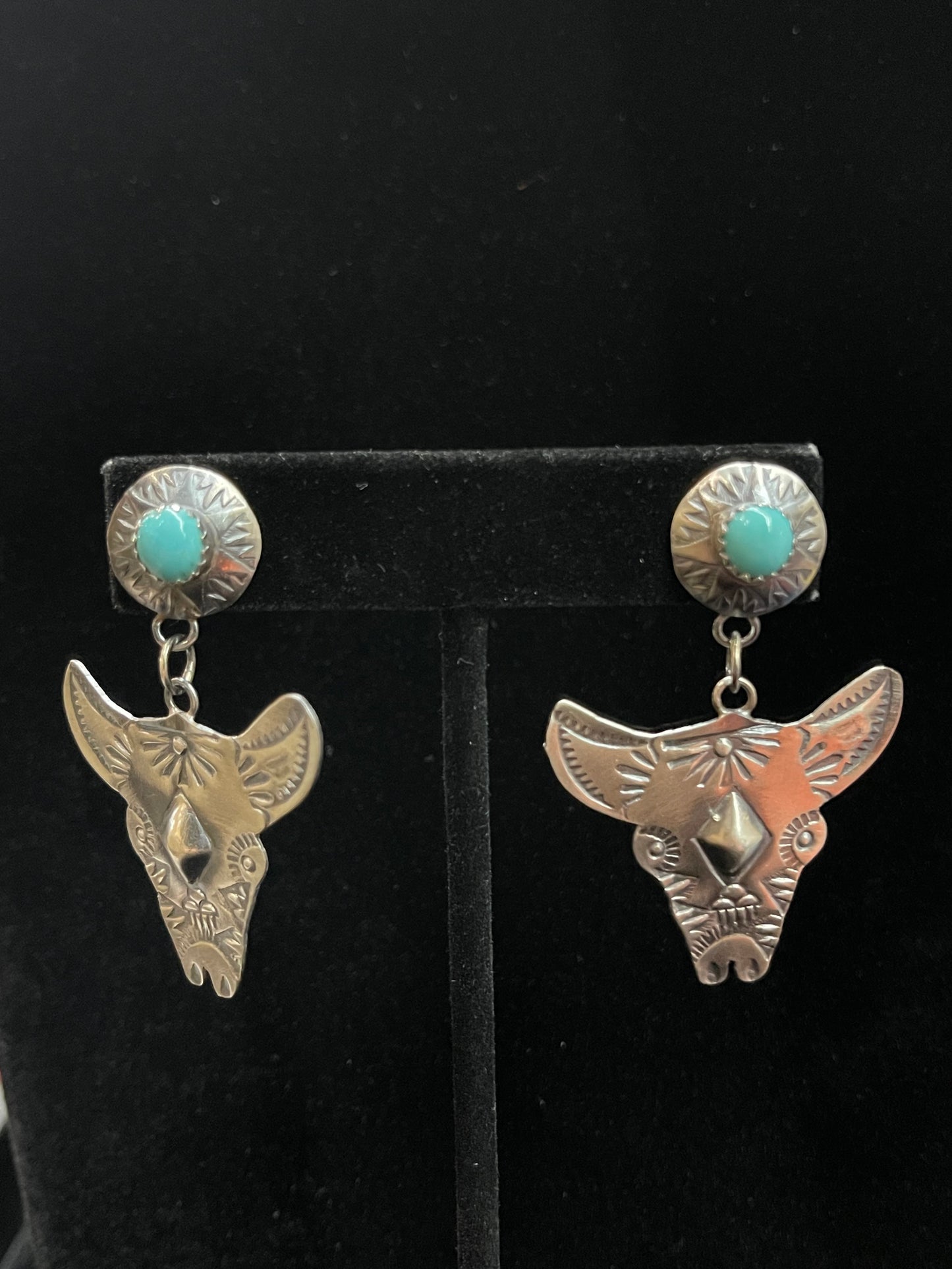 Stamped Sterling Silver Bull Head Earrings by Gabrielle Yazzie, Navajo