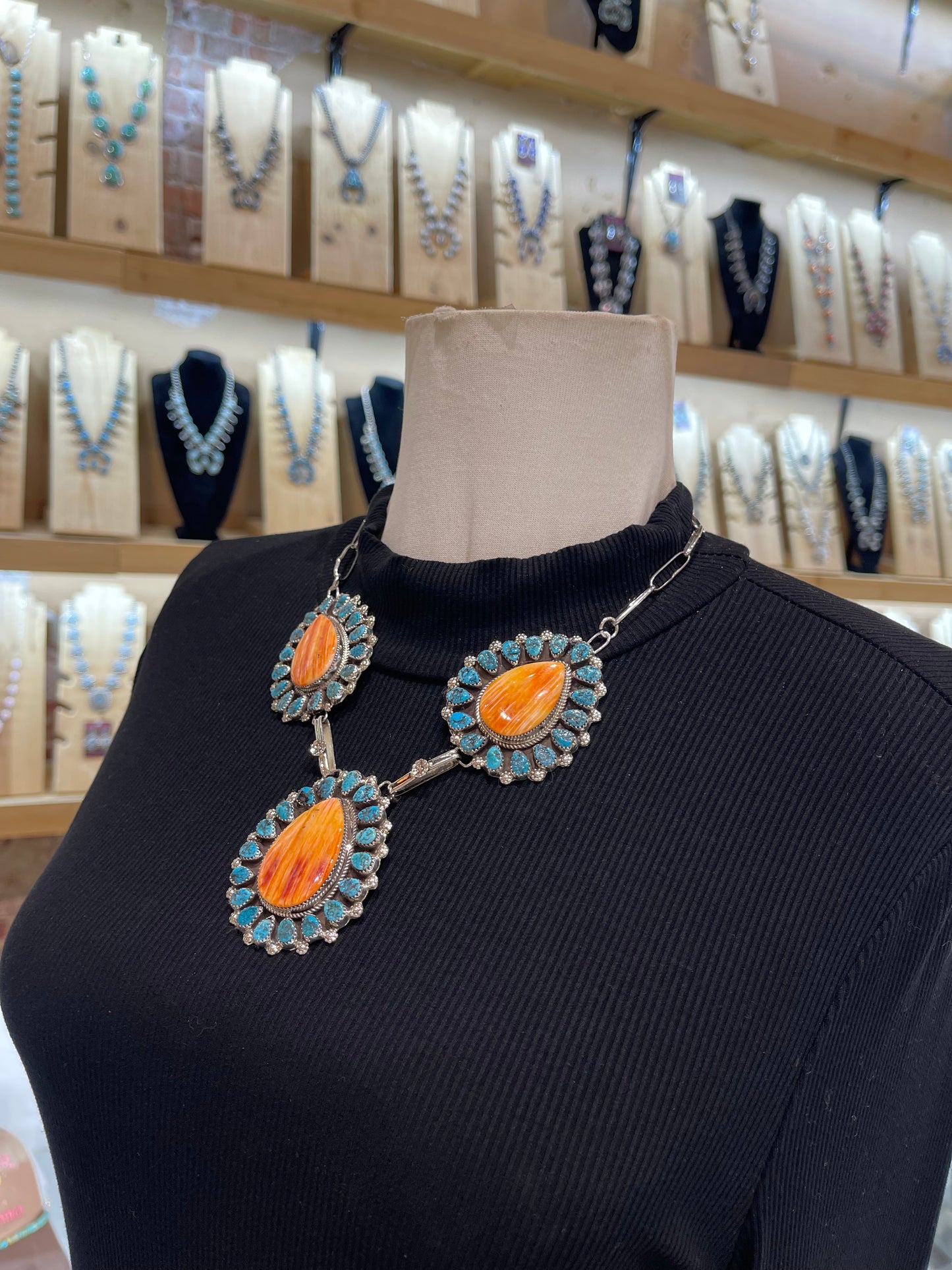 18" Spiny Oyster & Turquoise Cluster Necklace & Earring Set by Darlene Begay, Navajo