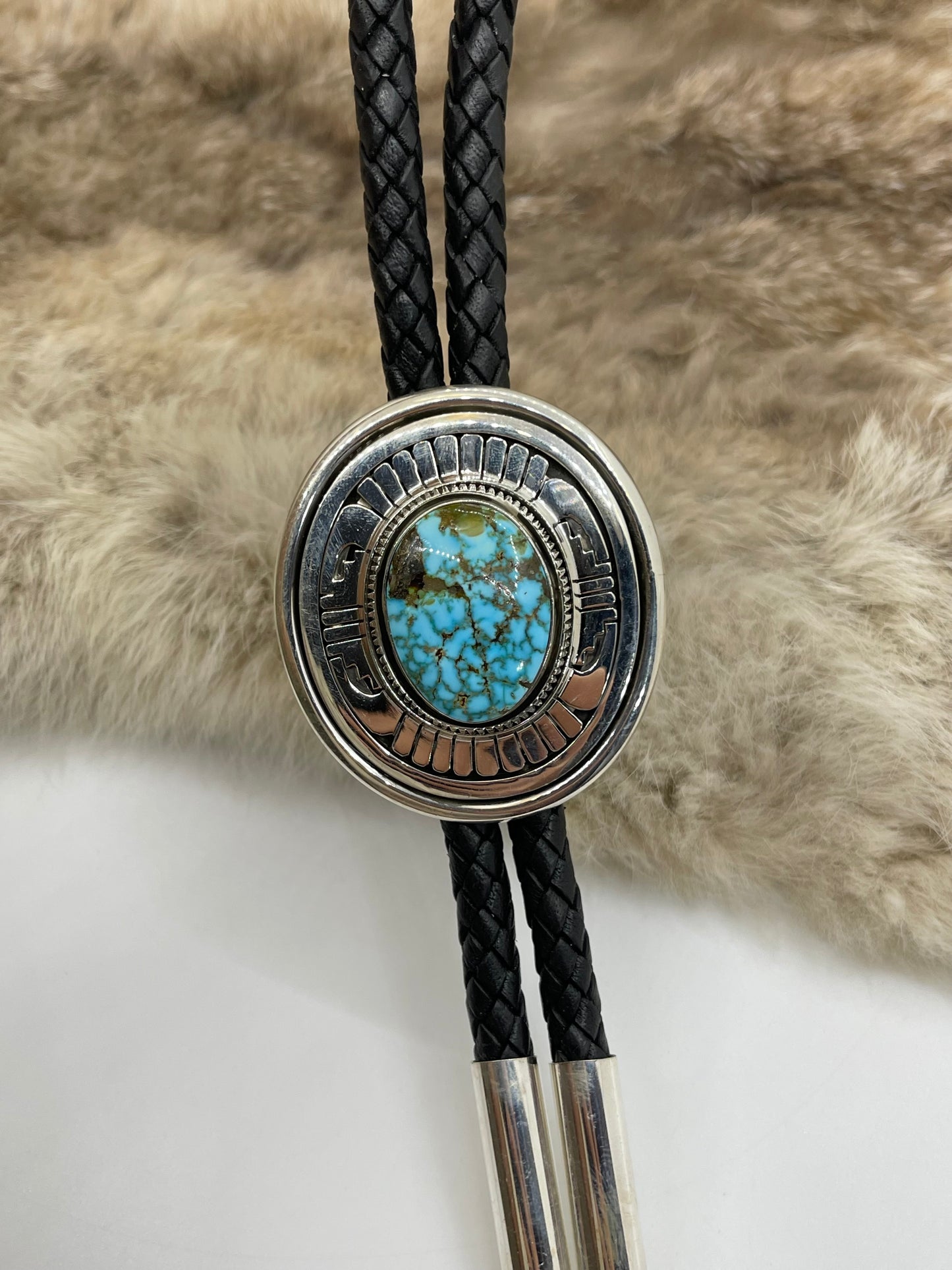 High Grade Kingman Spiderweb Turquoise Bolo by Leonard Nez, Navajo
