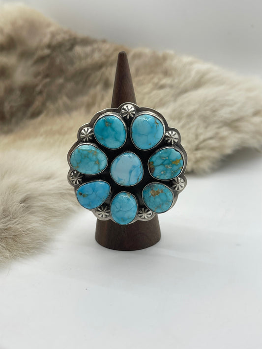 Adjustable 5.0-11.0 High Grade Kingman Turquoise Cluster Ring by Gabby Jurado, Navajo