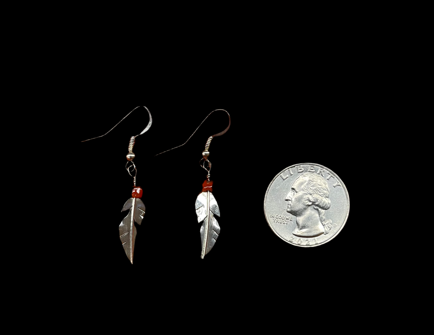 Red Coral and Sterling Silver Feather Dangle Earrings