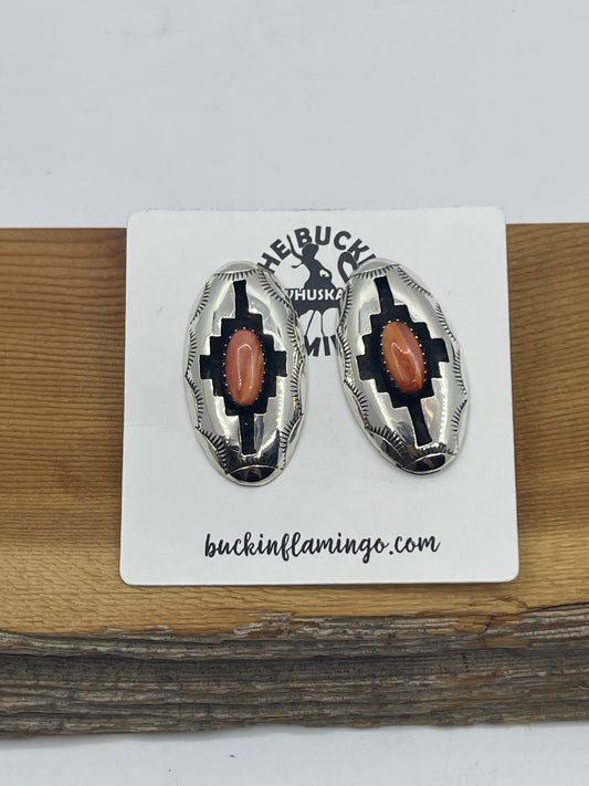 Orange Spiny Oyster Shell Oval Shadowbox Post Earrings by Felix Perry, Navajo