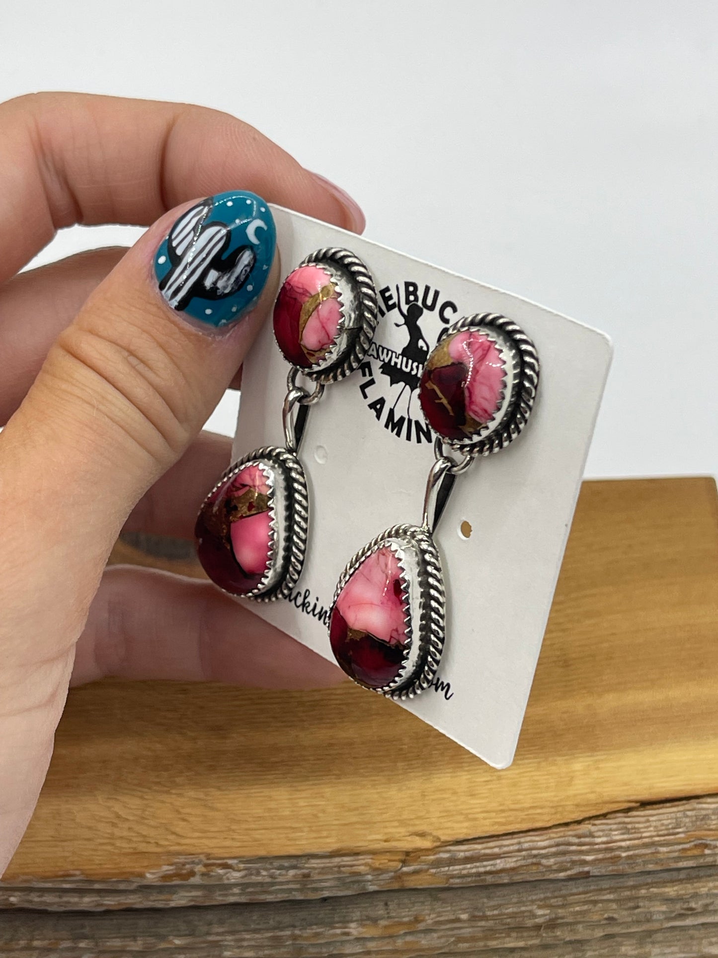 2 Stone Dahlia Rose Drop Post Dangle Earrings by Freda Martinez, Navajo