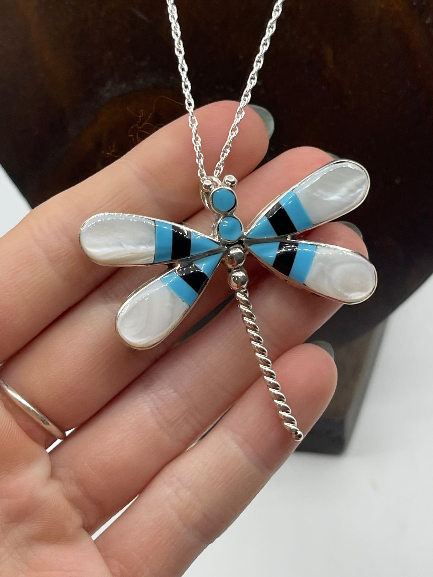 18" Black Onyx, Mother of Pearl, and Turquoise Inlay Necklace Pin/Pendant Combo by Angus Ahiyite, Navajo