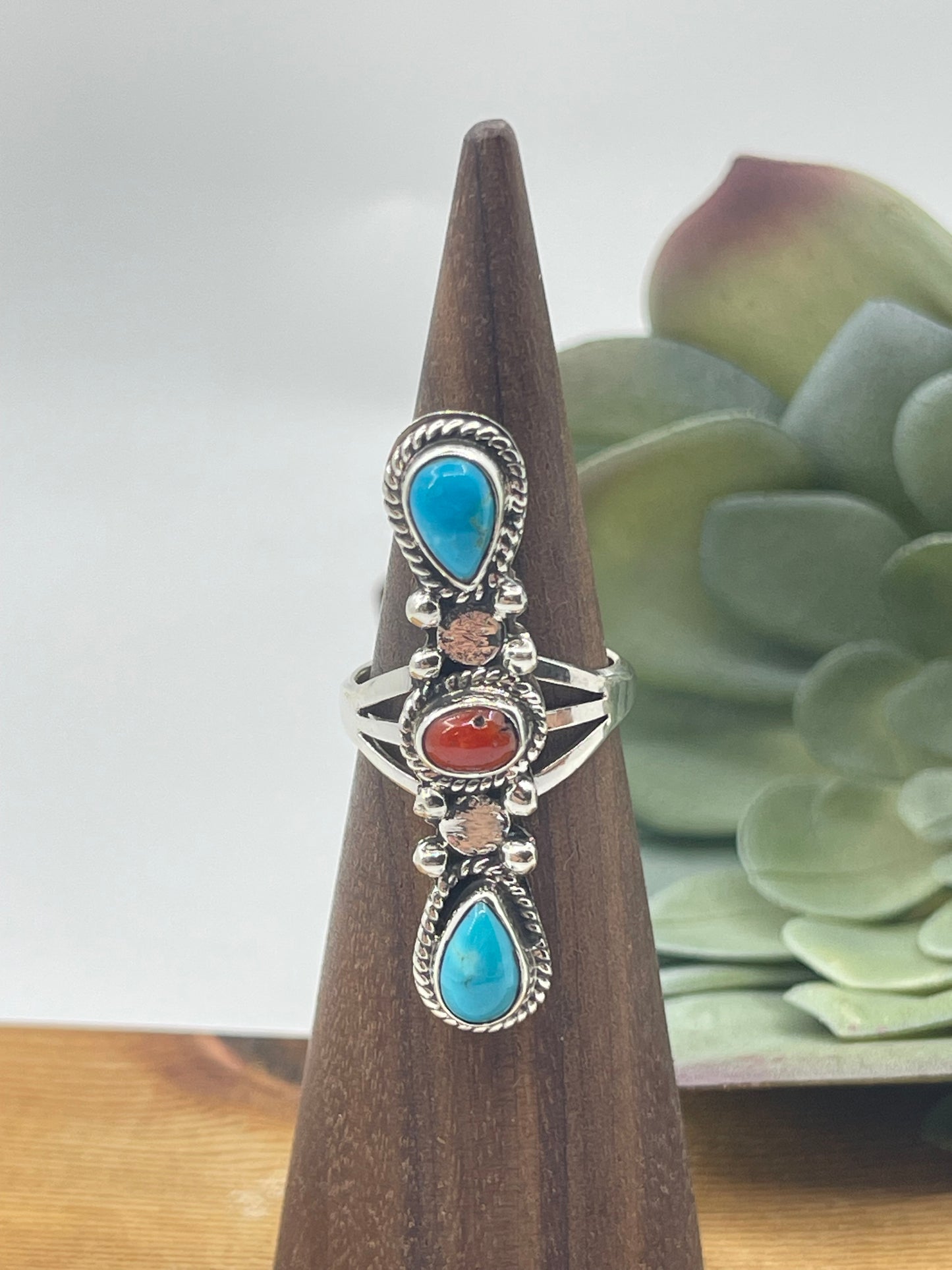 8.0 Turquoise and Red Coral Ring by Jerryson Henio, Navajo