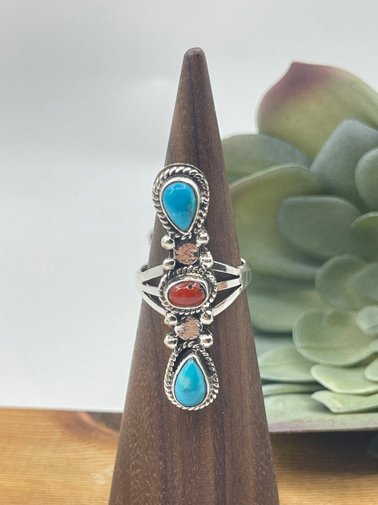 6.0 Turquoise and Red Coral Ring by Jerryson Henio, Navajo