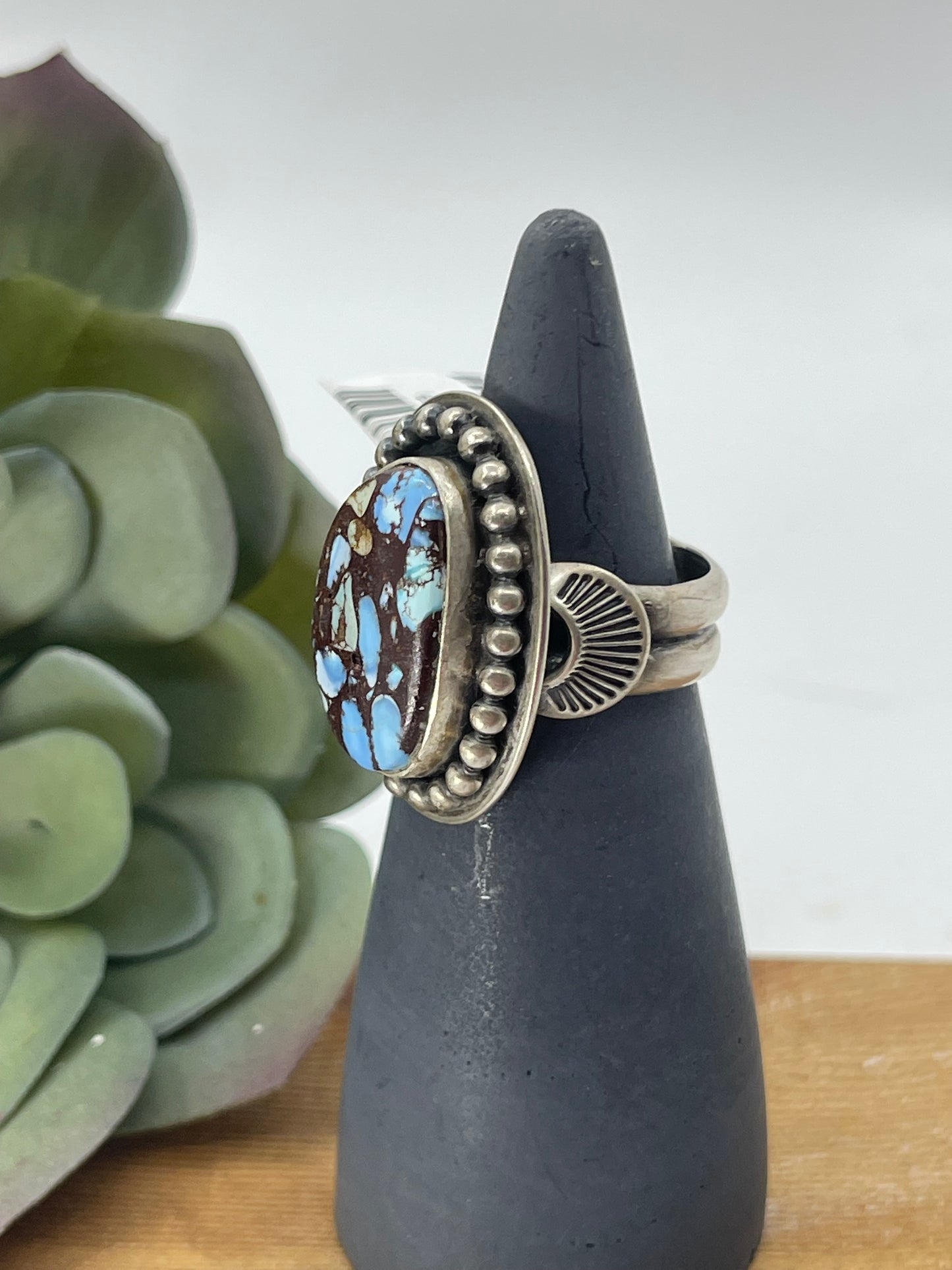 9.5 Golden Hills Mosaic Turquoise Oval Ring by Gilbert Nez, Navajo