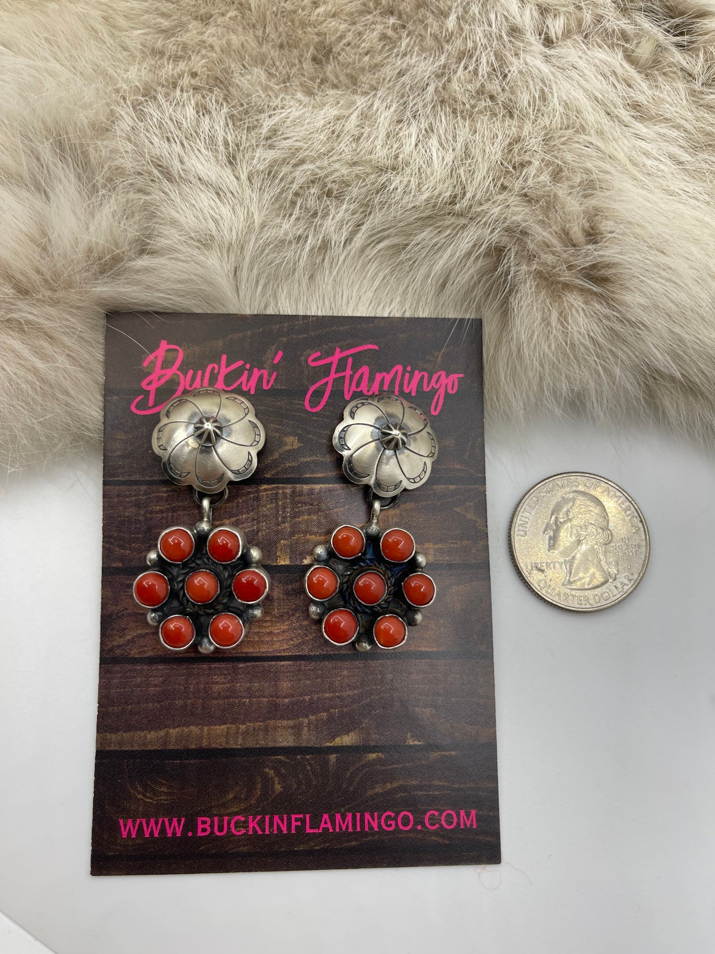 26" Red Coral Squash Blossom Necklace & Earring Set by Kathlyn Yazzie, Navajo