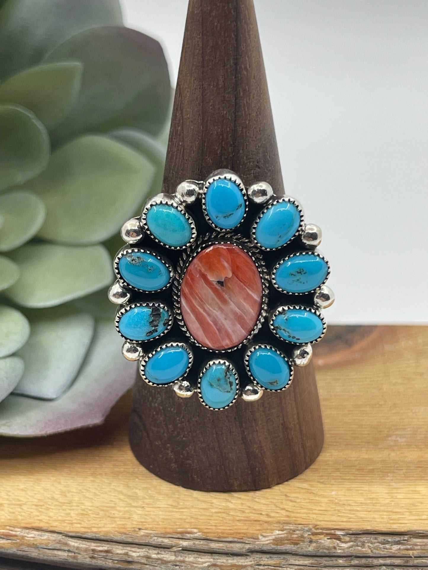 12.0 Spiny Oyster Shell and Turquoise Cluster Necklace by Loretta Delgarito, Navajo