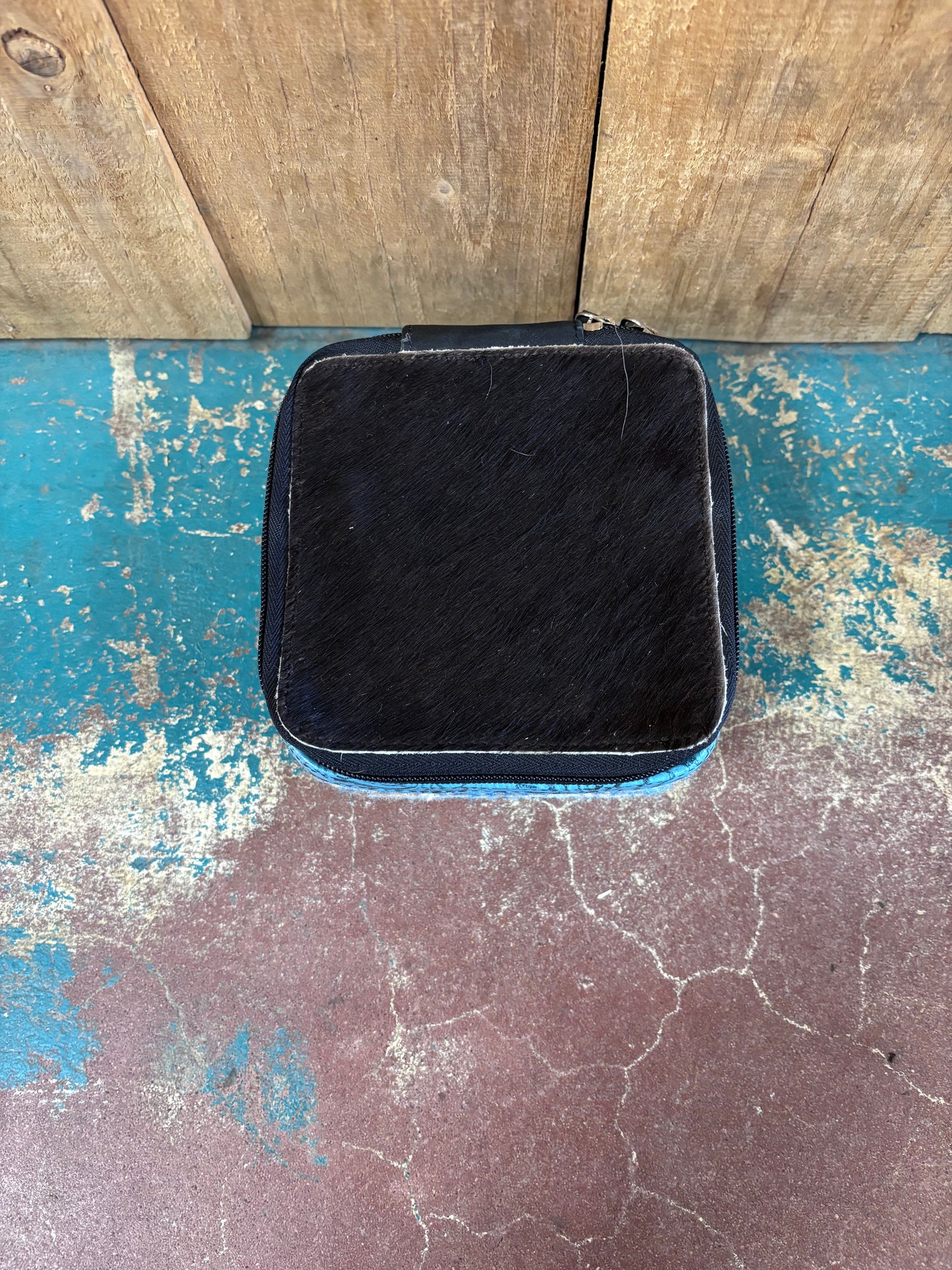 Small Square Black Cowhide Blue And White Knitted Jewelry Box