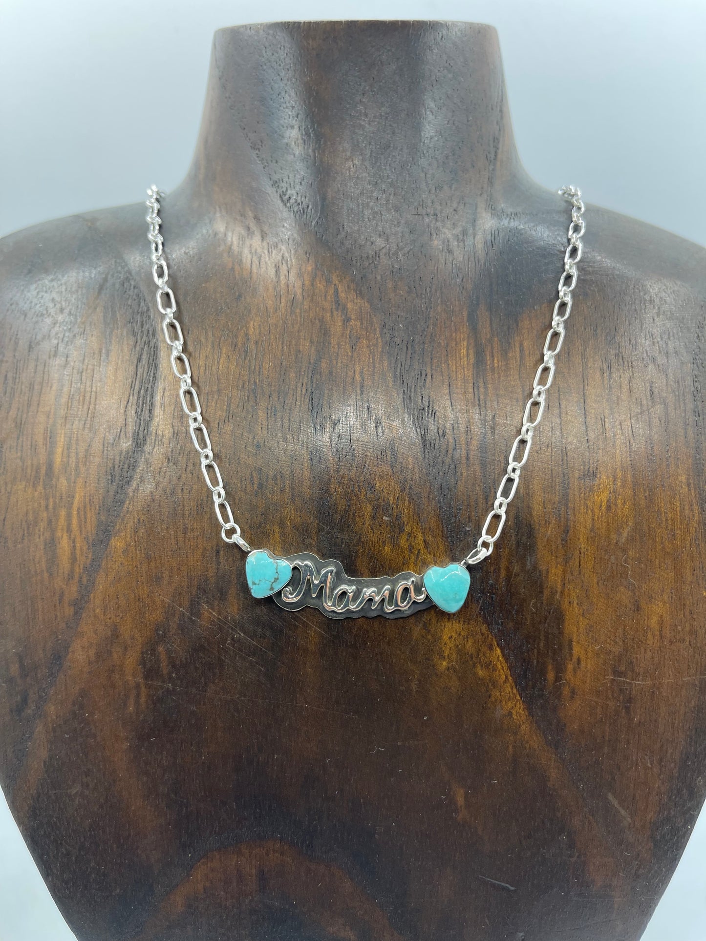 17" Turquoise Heart "MAMA" Necklace with Paperclip Chain