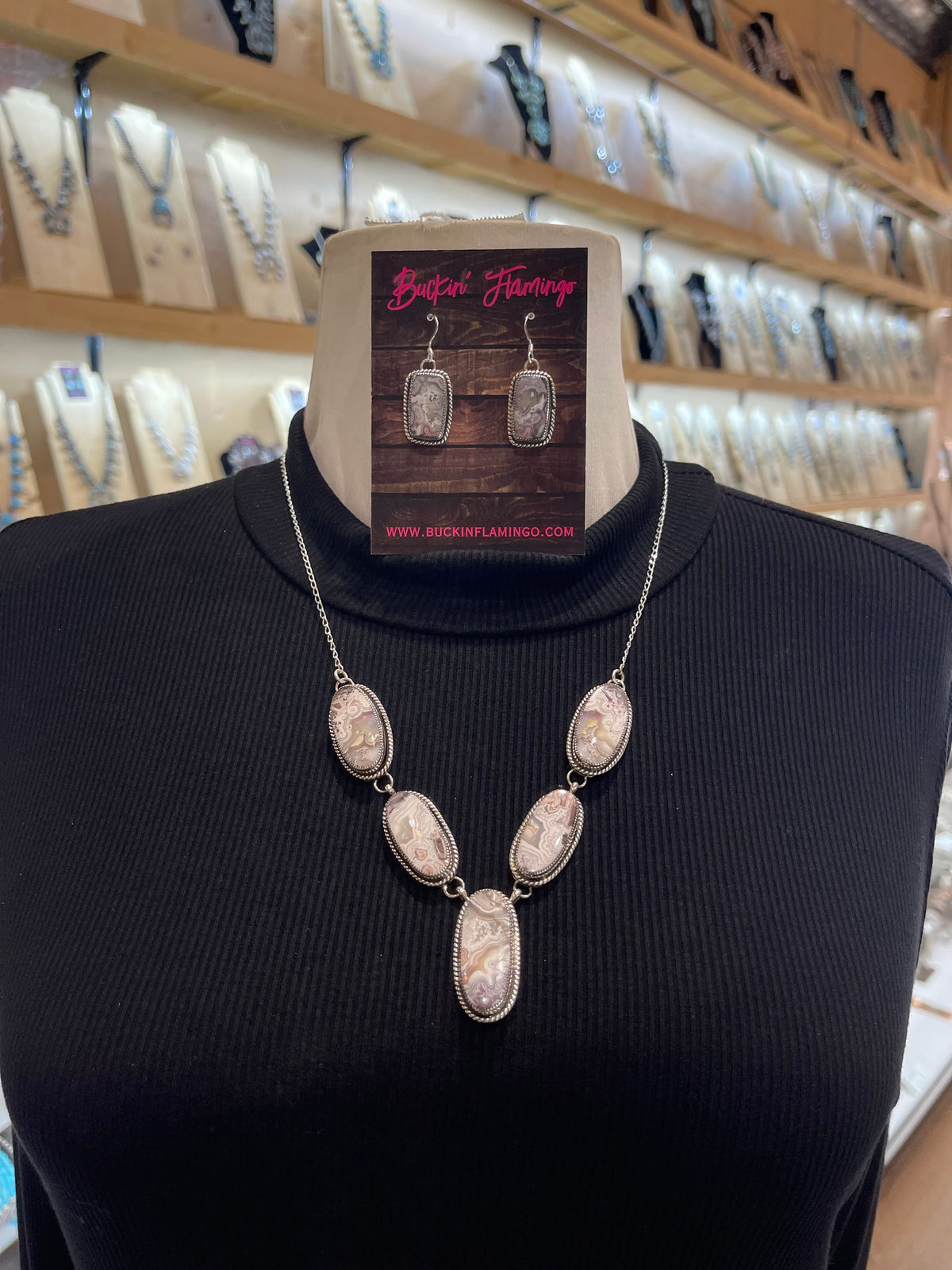 20" Crazy Lace Agate Necklace and Earring Set by Joe Begay, Navajo