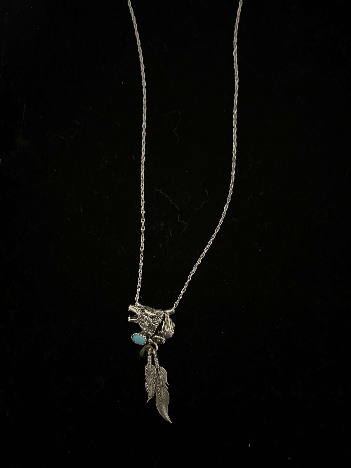 17" Turquoise Double Feather Wolf Necklace by Genevieve Francisco, Navajo