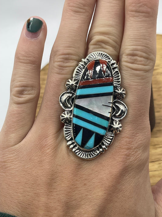 8.0 Inlay Turquoise, Coral, Onyx, and Pearl Ring by Leslie and Gladys Lamy, Zuni
