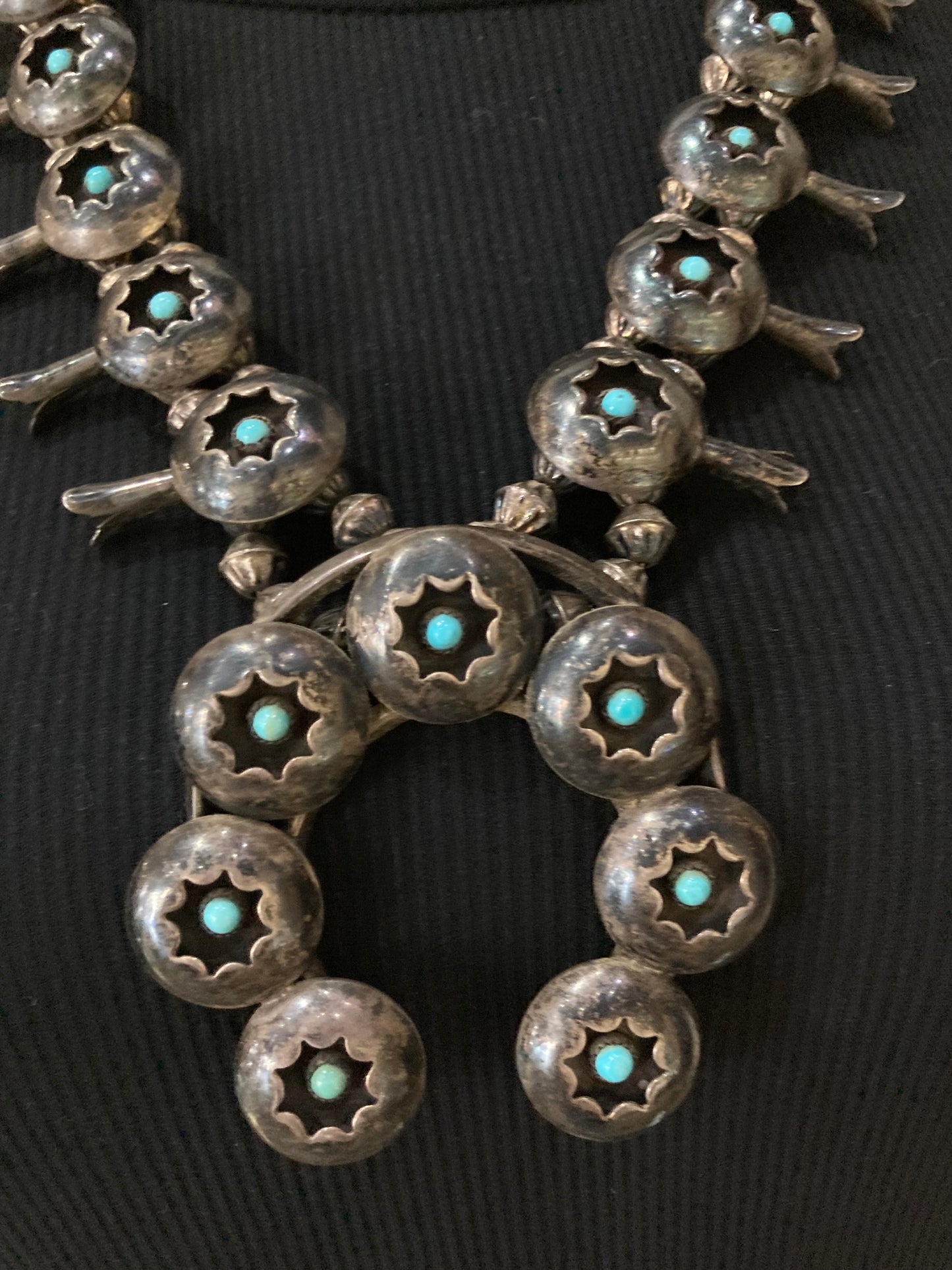 24" Vintage Turquoise Shadowbox Squash Blossom and 5 3/4"-7" Cuff Set