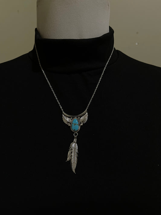 17" Kingman Turquoise Feather Dangle Necklace by Sharon McCarthy, Navajo