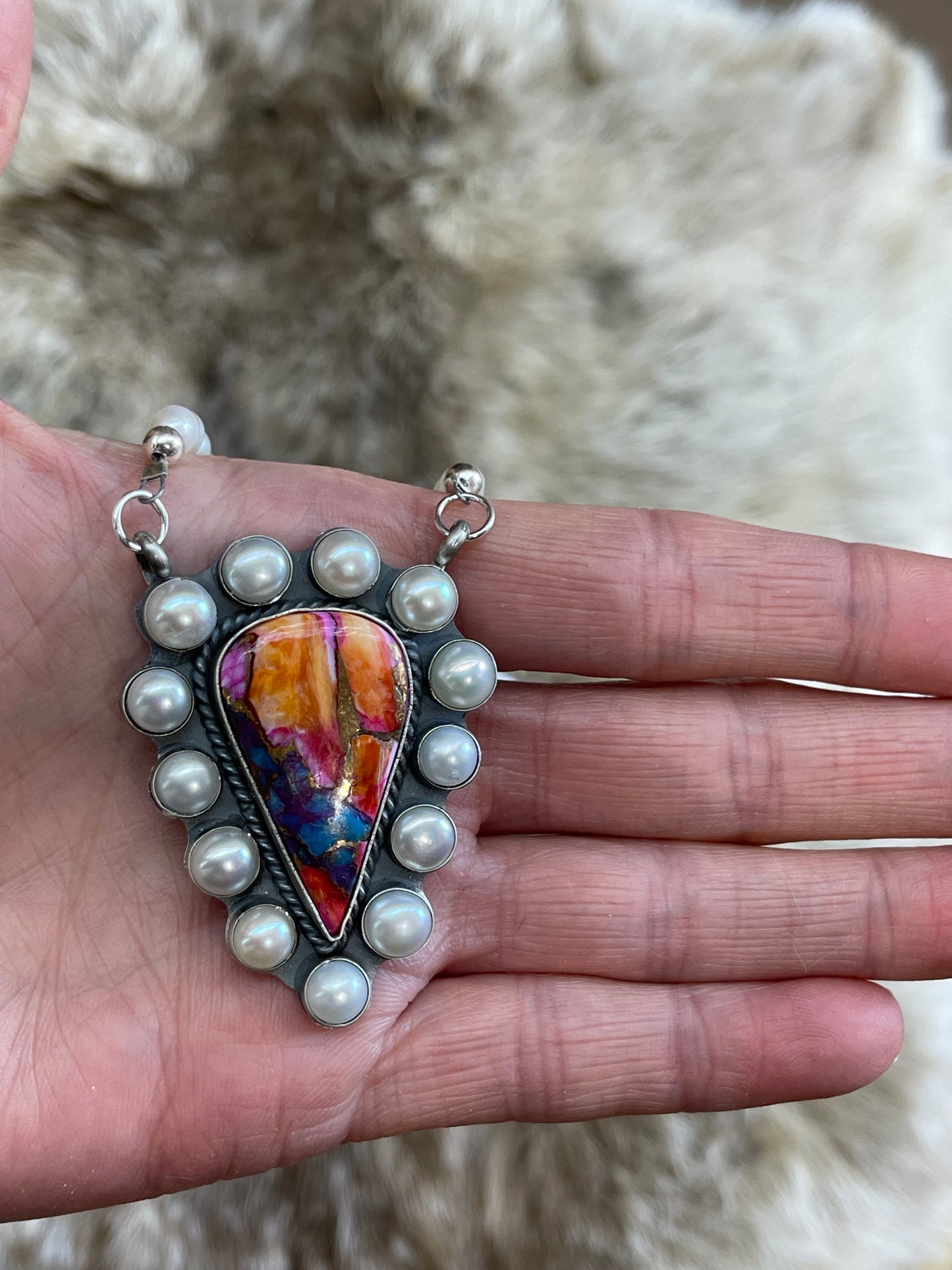 18" Pink Dahlia Necklace with Fresh Water Pearls by TT, Navajo