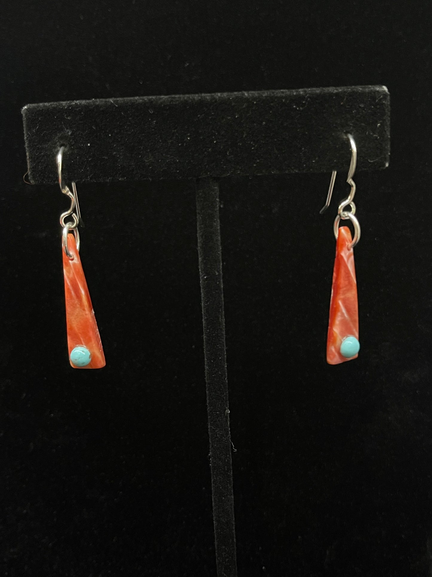 Spiny Oyster and Turquoise Dangle Earrings by Jesus Espino, Zuni