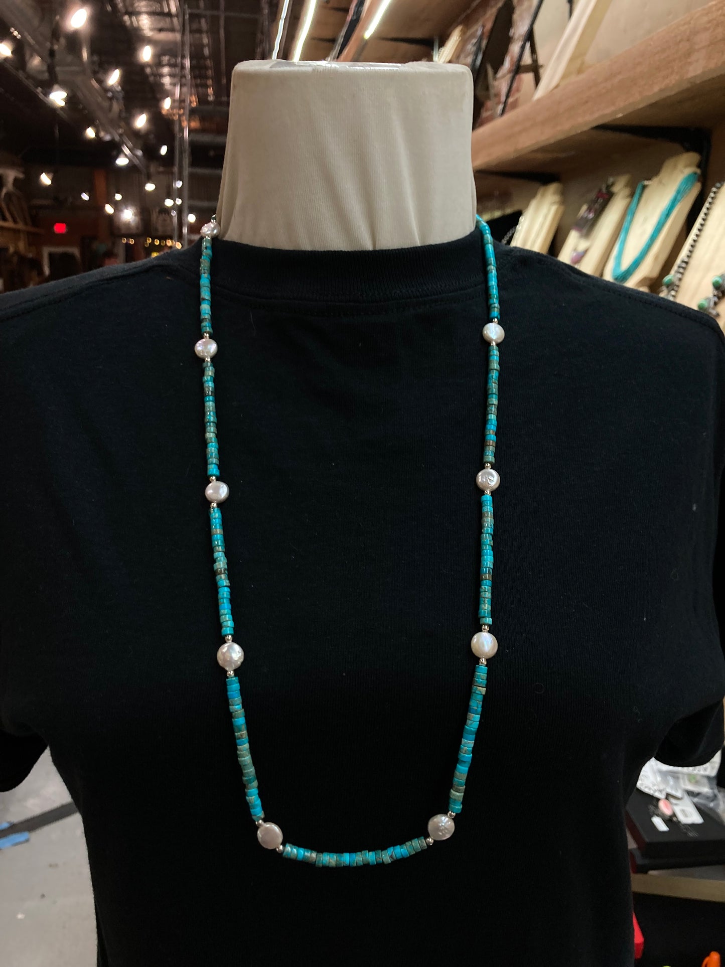 28" Turquoise Heishi Bead and Freshwater Pearls Necklace