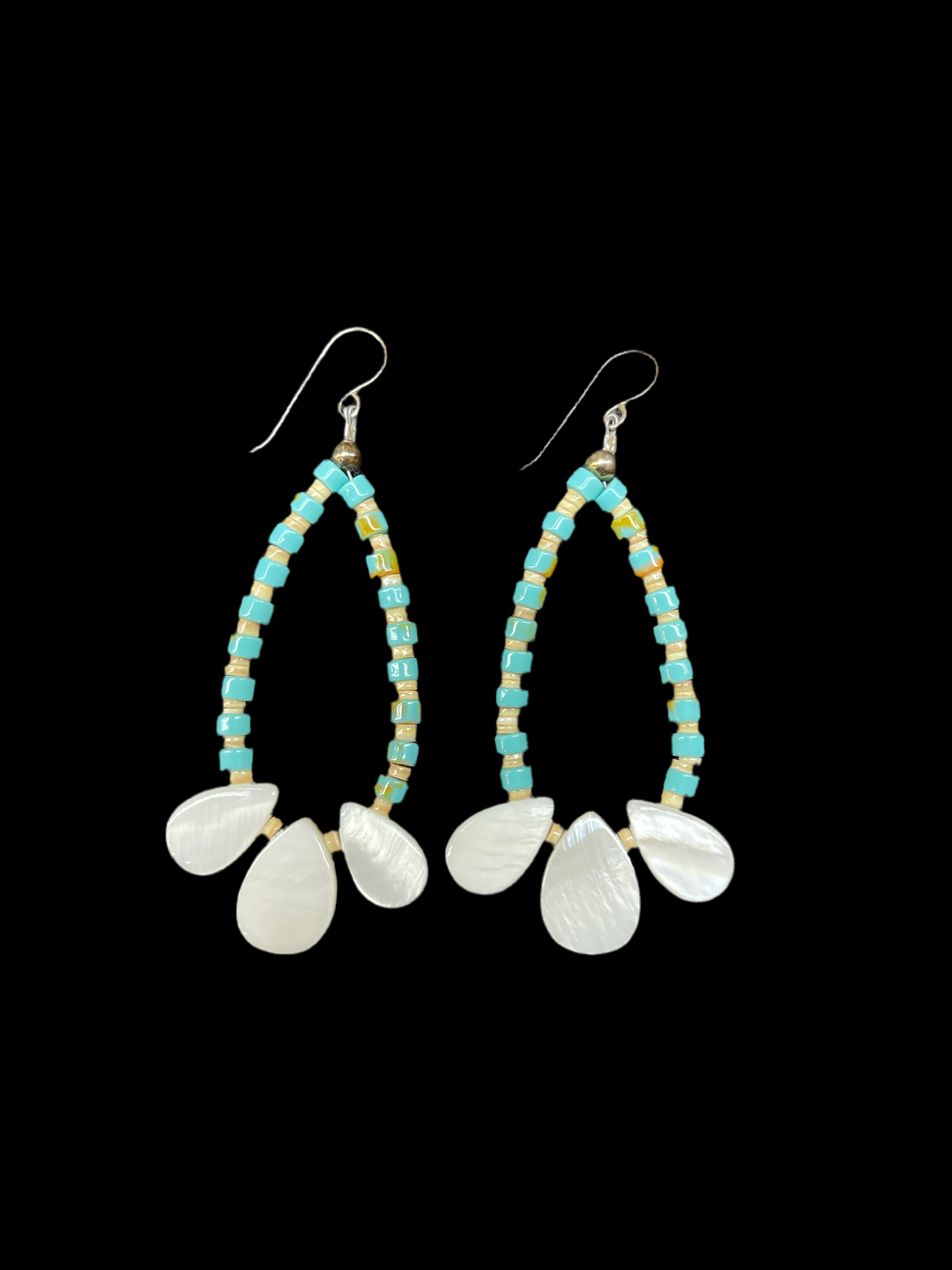 Turquoise Heishi Beads, Melon Shell Beads, and Mother of Pearl Slab Dangle Earrings