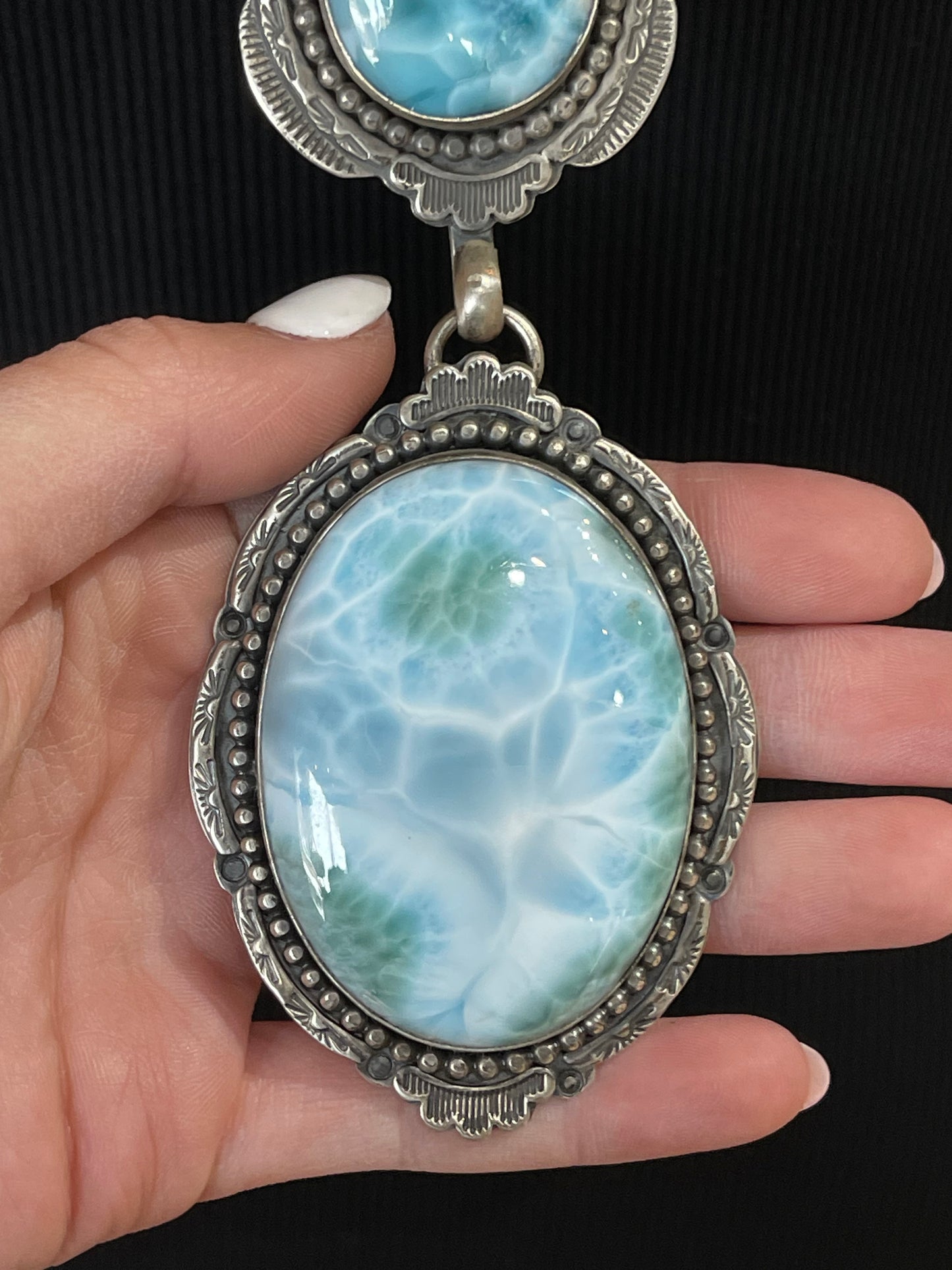 26"+6" Larimar Lariat Necklace by Tim Vandever, Navajo