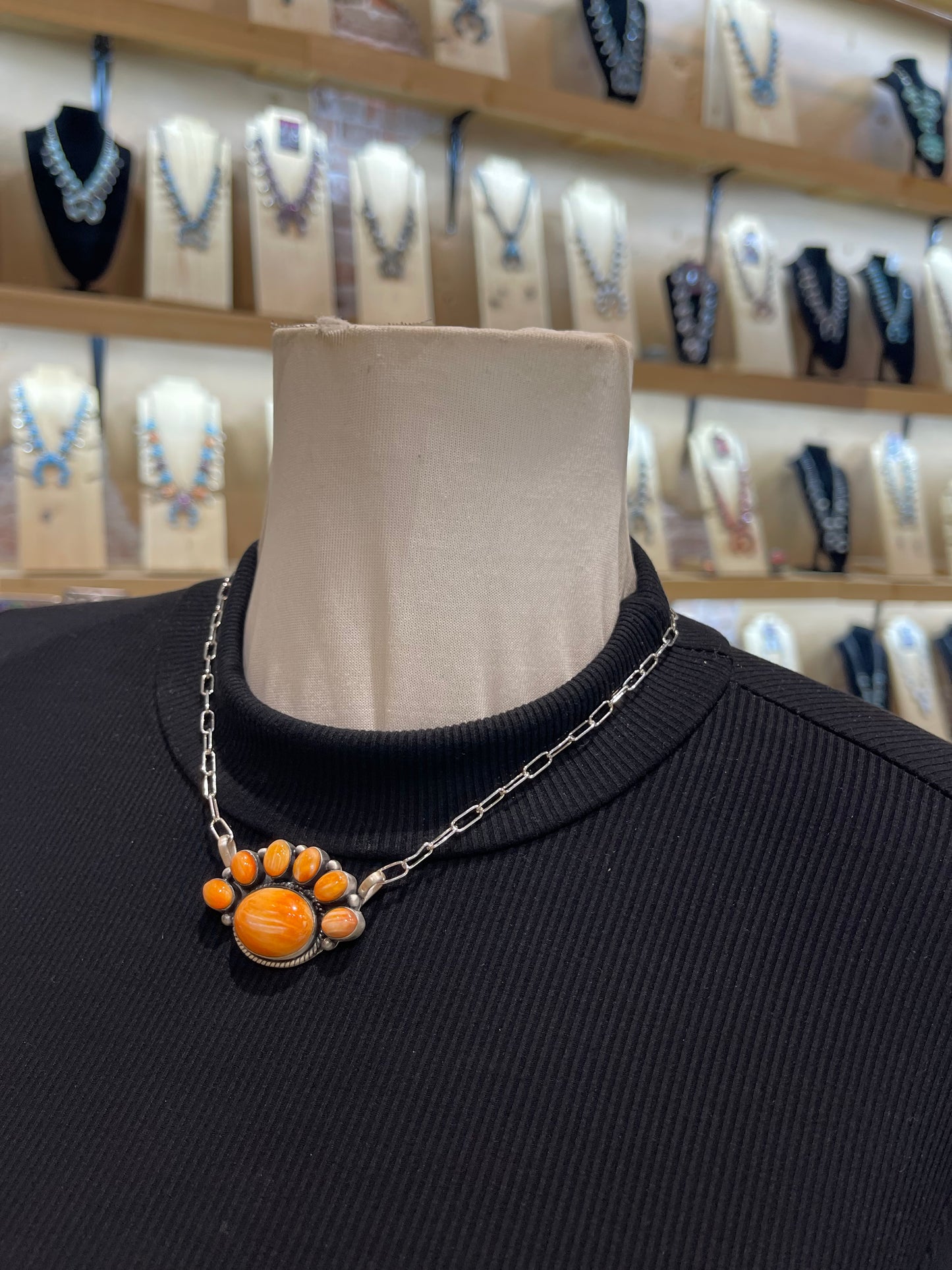 16" Orange Spiny Oyster Shell Half Cluster Necklace