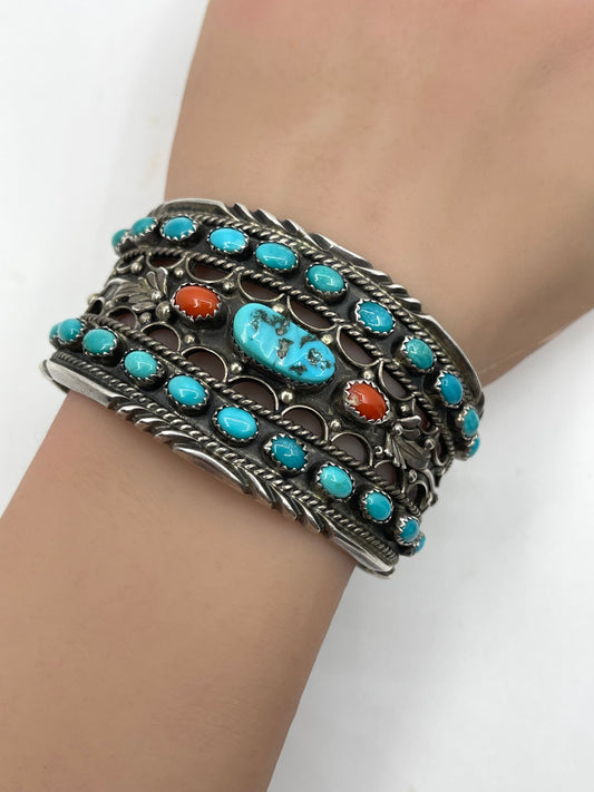 6 1/2" Vintage Turquoise and Red Coral Cuff by Joe, Navajo