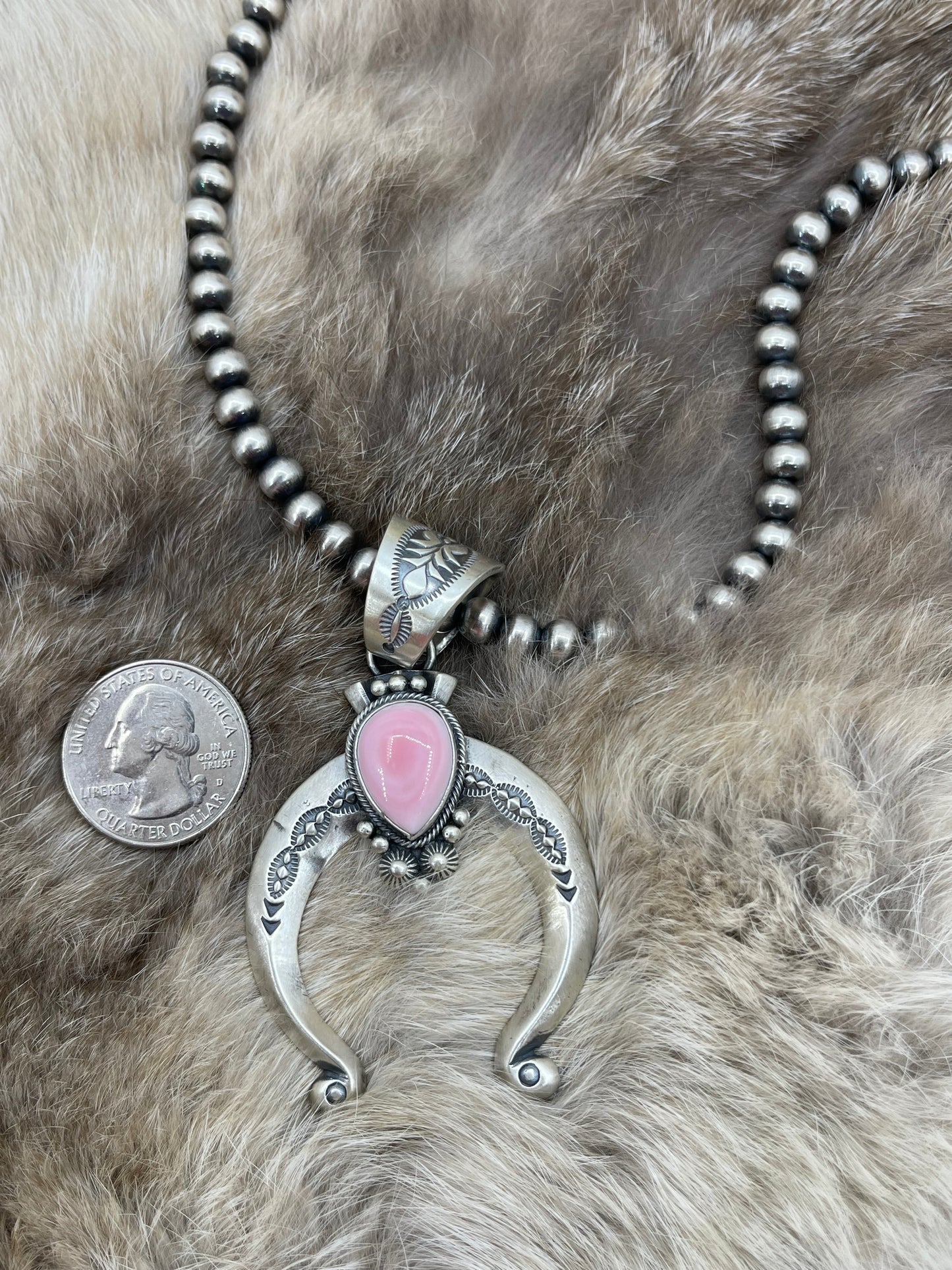 18" 6mm Navajo Style Pearls with Stamped Naja by Adrienne P. Gordon