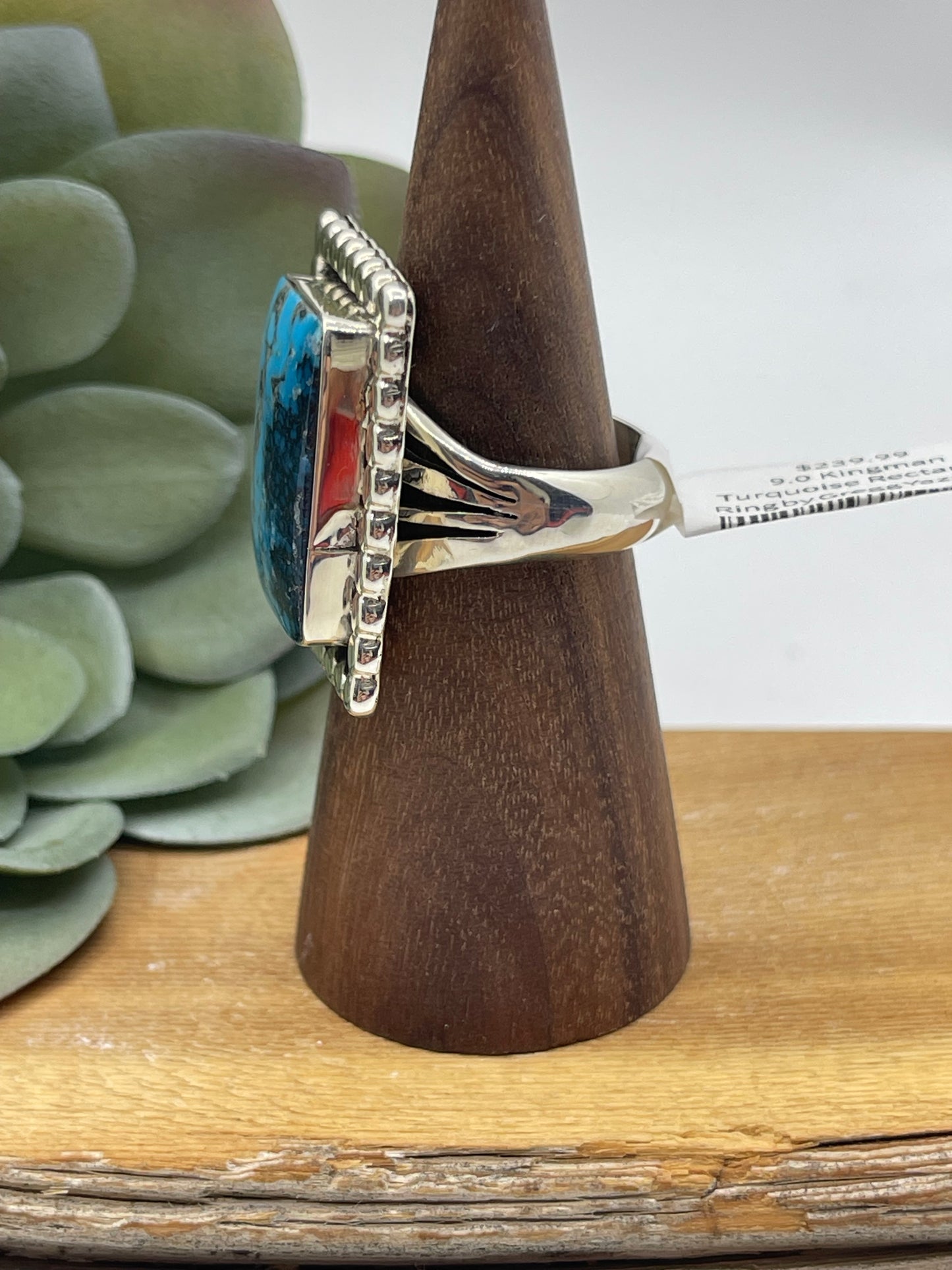 9.0 Kingman Turquoise Rectangle Ring by Gregg Yazzie, Navajo