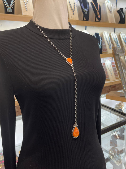 20" + 9" Drop Orange Spiny Oyster Necklace by Augustine Largo, Navajo