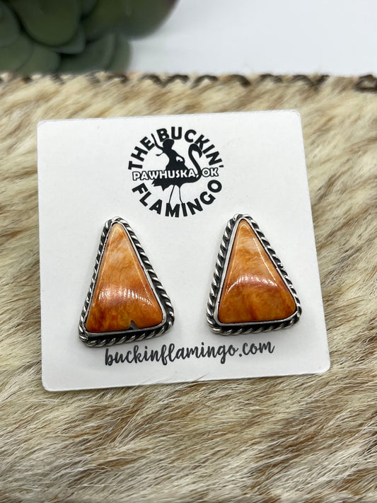 Orange Spiny Oyster Shell Triangle Post Earrings by Elouise Kee, Navajo