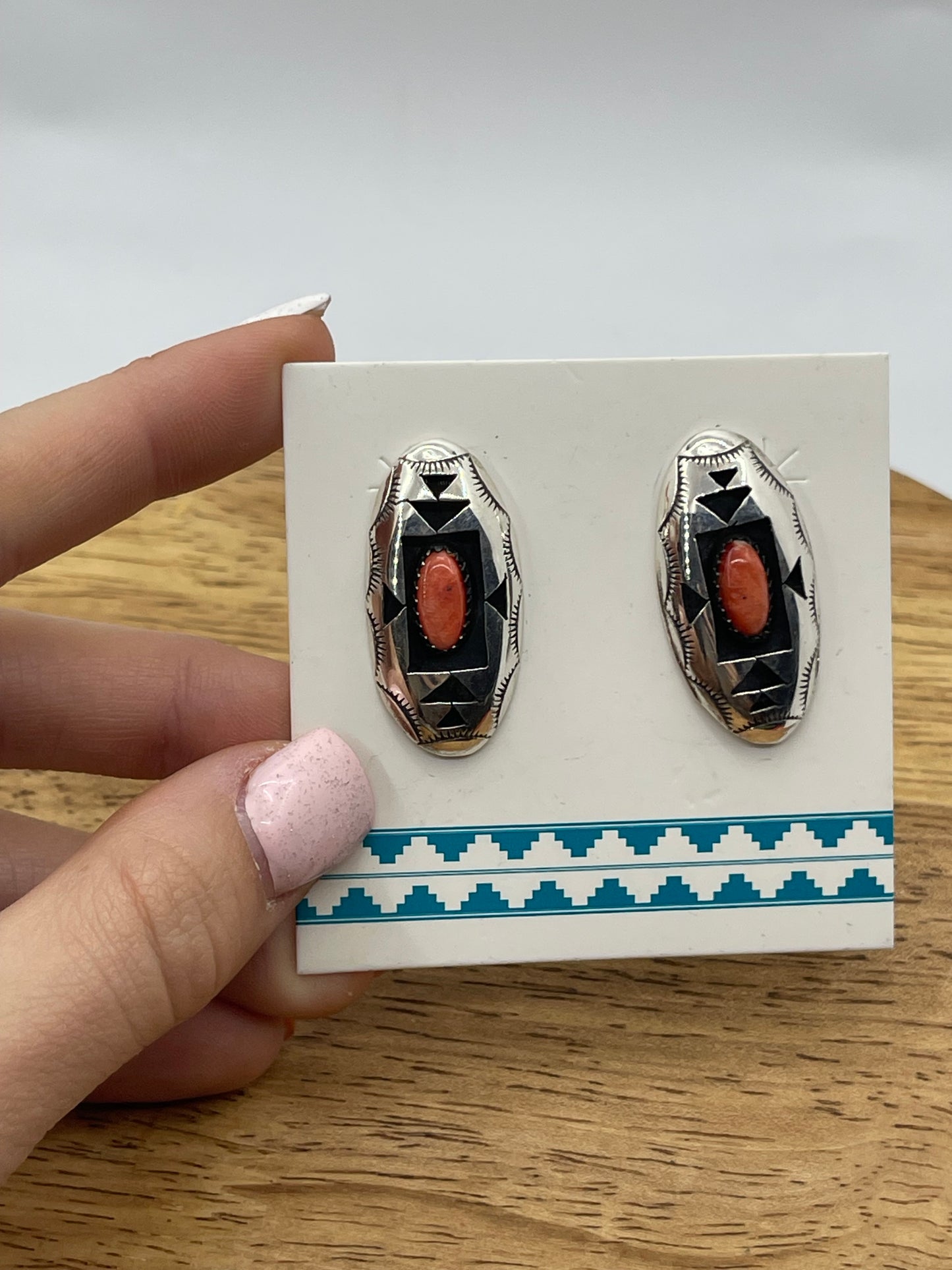 Orange Spiny Oyster Shell Shadowbox Post Earrings by Felix Perry, Navajo