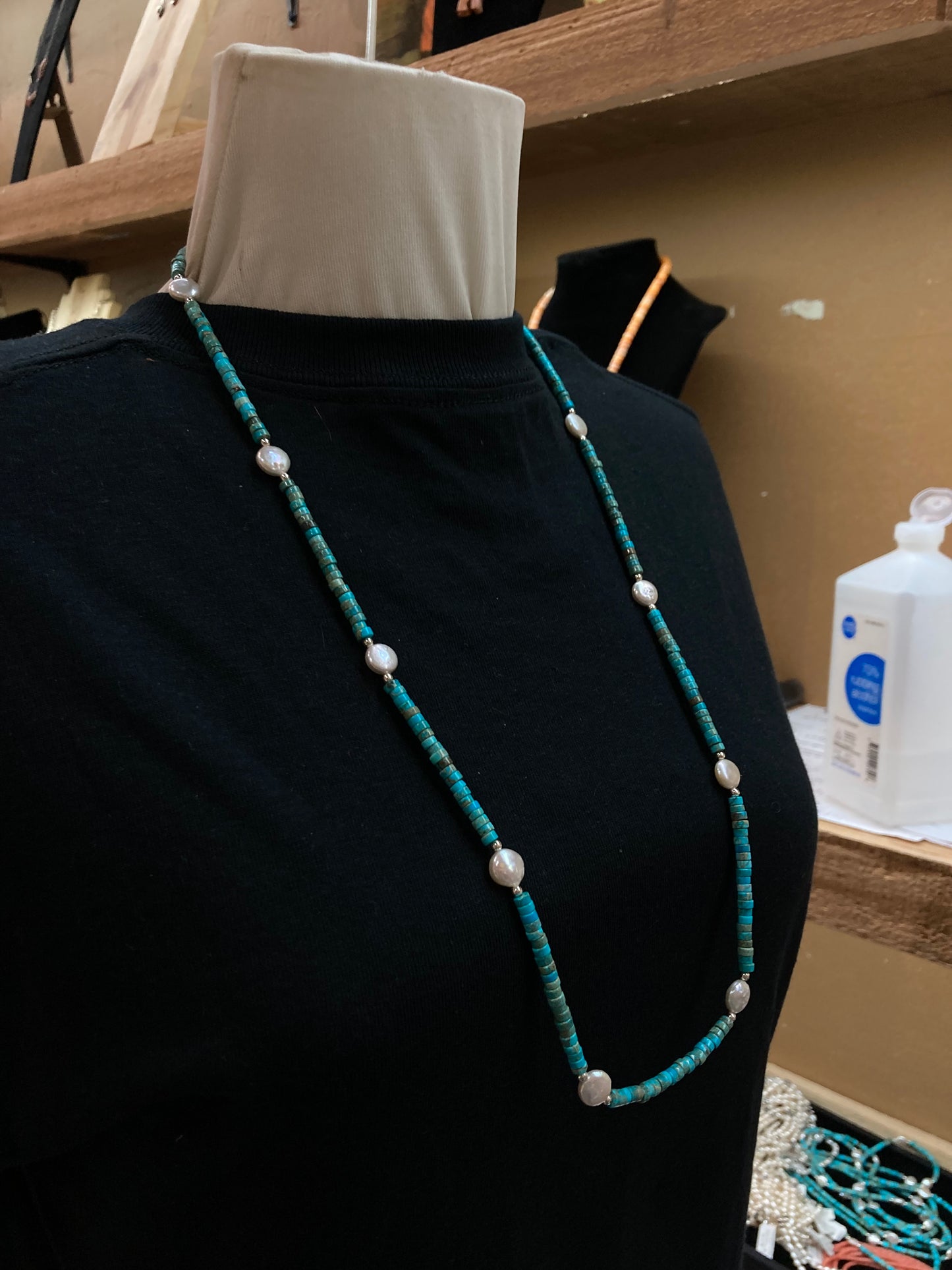 28" Turquoise Heishi Bead and Freshwater Pearls Necklace