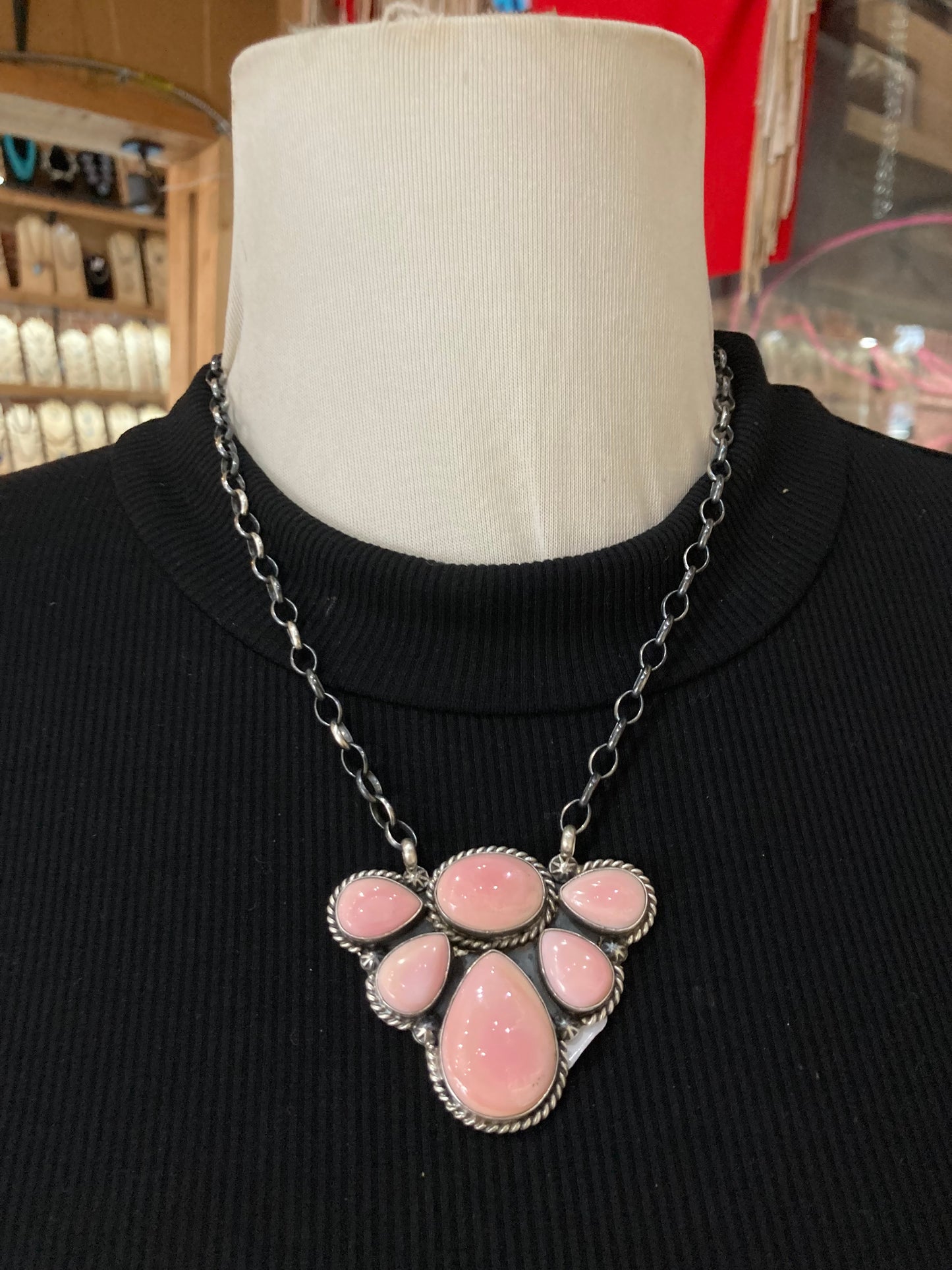 18" 6 Stone Pink Conch Shell Cluster Necklace by Eugene Belone, Navajo