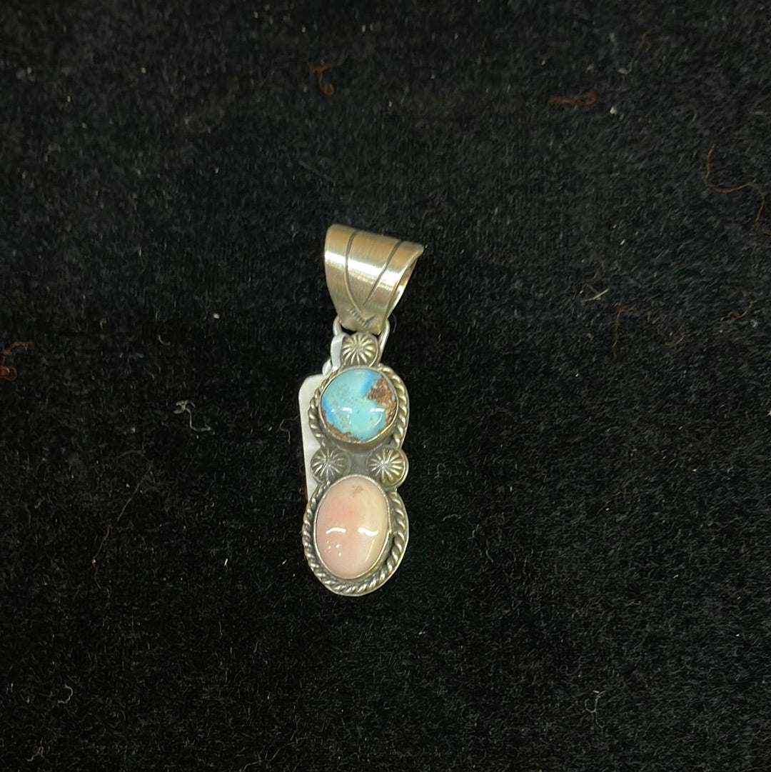 Navajo Golden Hills Turquoise And Pink Conch Shell Pendant By Boyd Ashley, Navajo