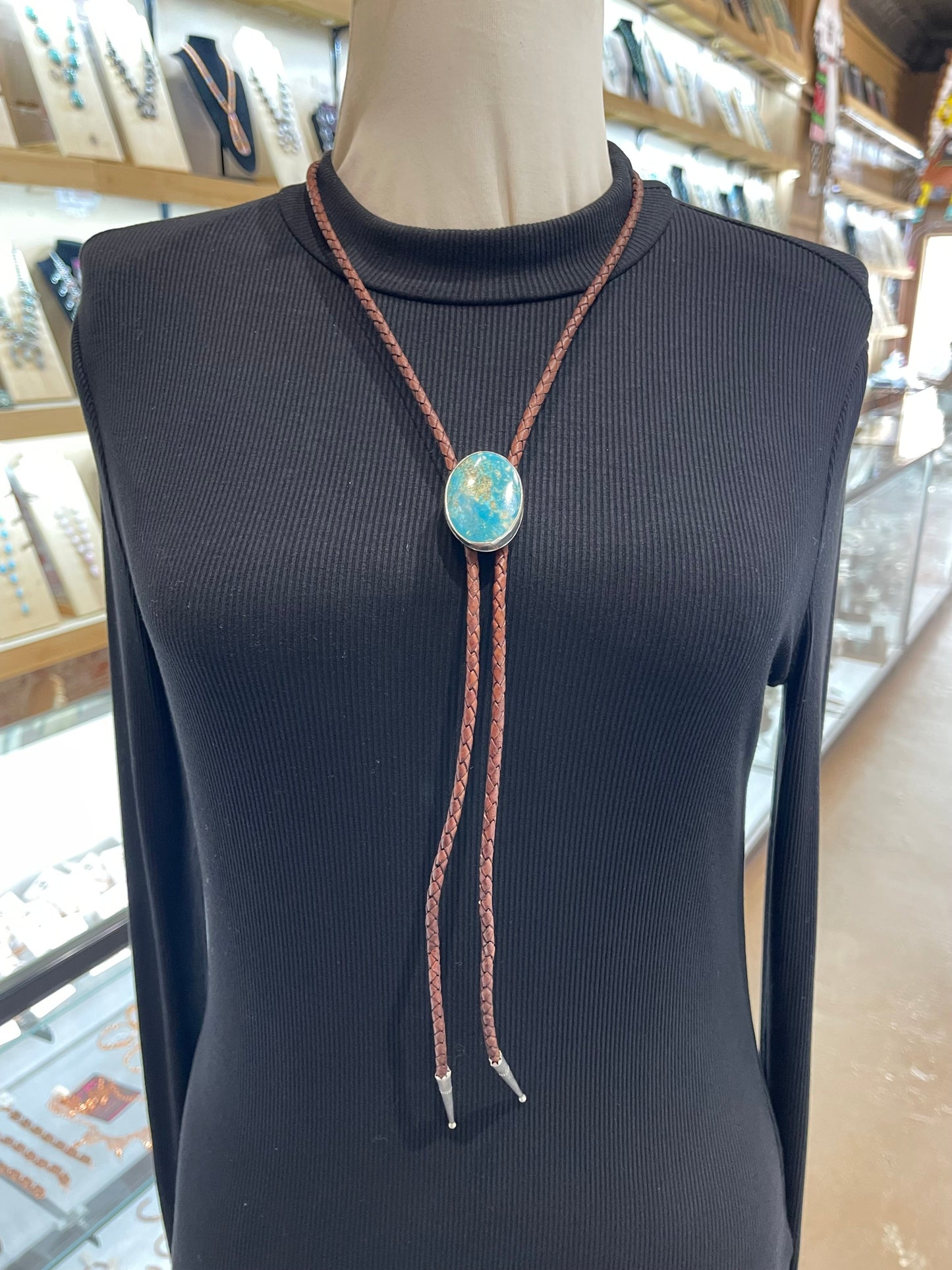 Kingman Turquoise Bolo Tie by Carrie Cannon, Kiowa