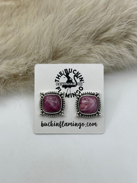 Square Post Purple Spiny Oyster Earrings Post in Center