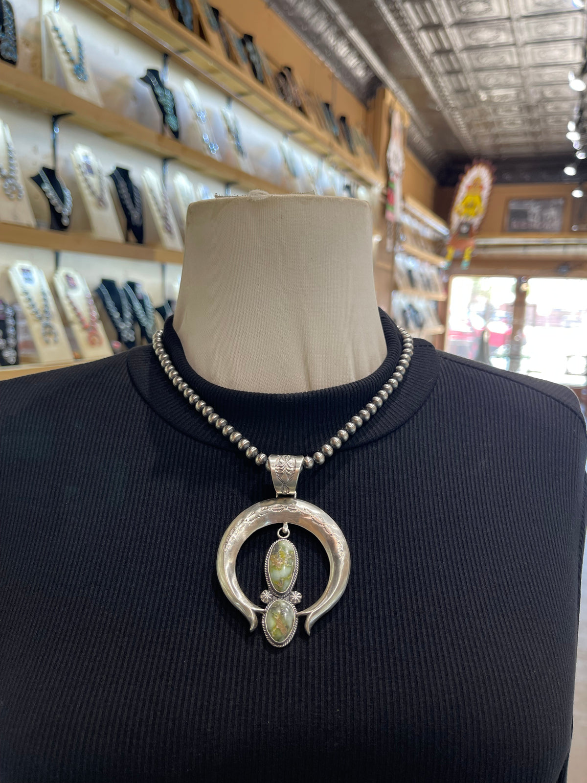 18" 6mm Navajo Style Pearls 2 Stone Palomino Turquoise Naja Pendant by Derrick Gordon, Navajo
