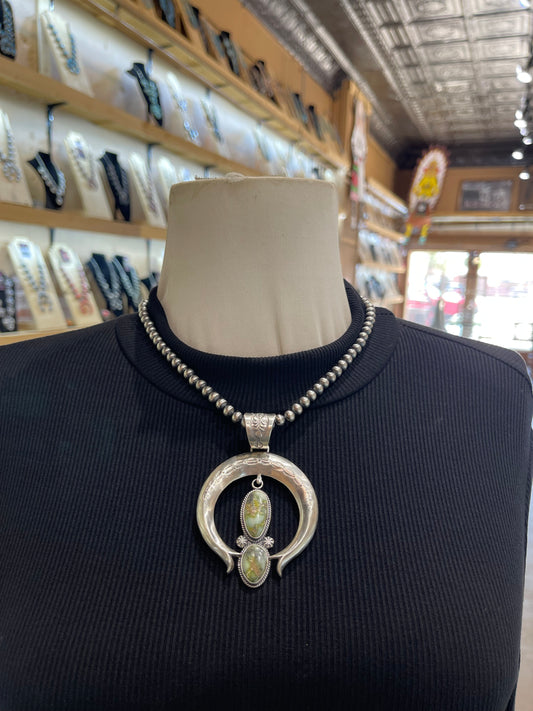 18" 6mm Navajo Style Pearls 2 Stone Palomino Turquoise Naja Pendant by Derrick Gordon, Navajo
