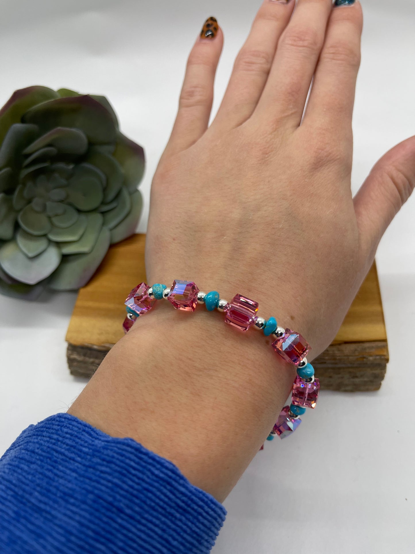 7" Pink Swarovski Crystal and Sleeping Beauty Turquoise Bracelet