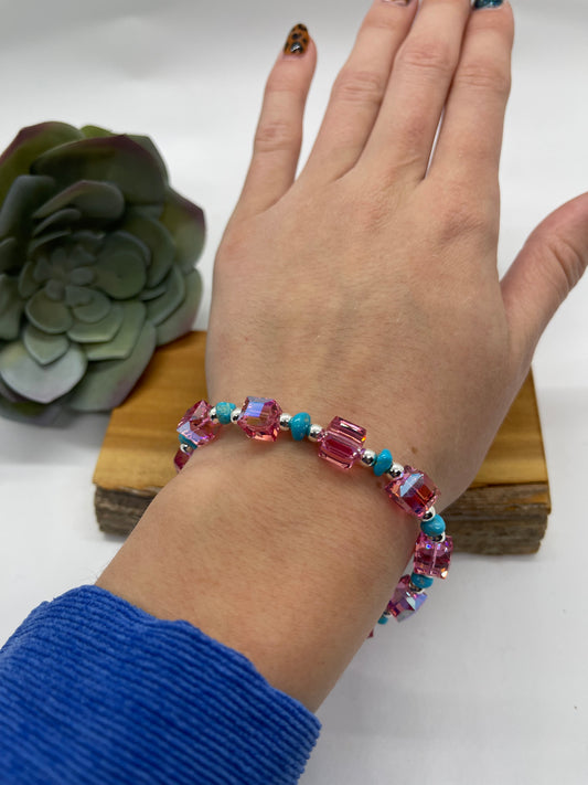 7" Pink Swarovski Crystal and Sleeping Beauty Turquoise Bracelet