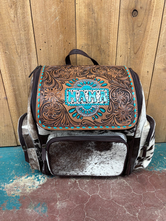 Brown and White Cowhide Flower Tooled Mama Leather Backpack