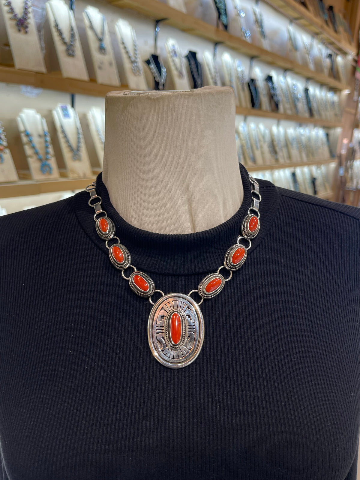 20" Red Coral Necklace Silver Overlay Design by Leonard Nez, Navajo