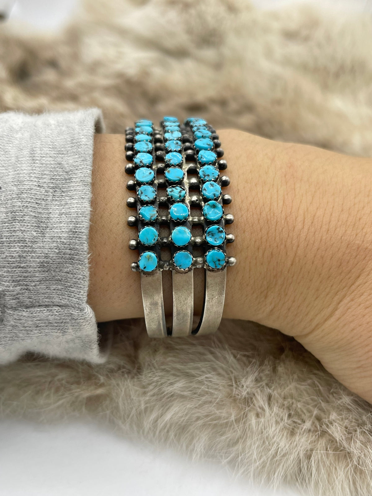 7" 51 Stone, 3 Row Cuff by Phil Livingston, Navajo Sleeping Beauty Turquoise