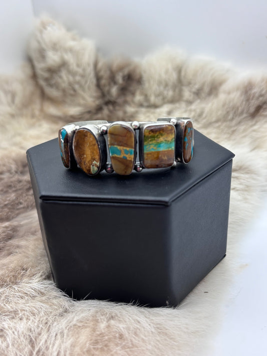 5.5" 7.25" 5 Stone Cuff Boulder Ribbon Turquoise by Augustine Largo, Navajo