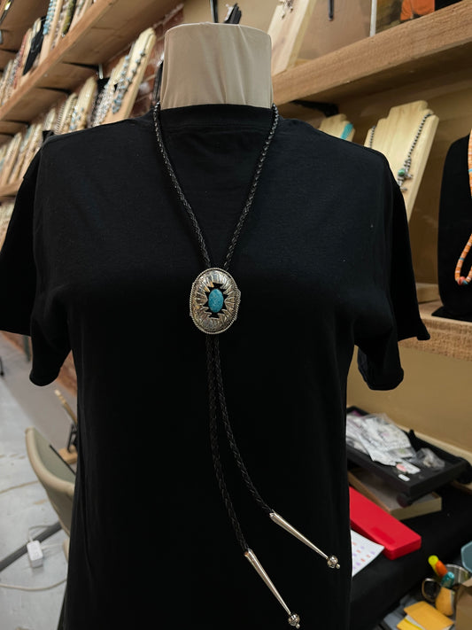 Turquoise Shadowbox Bolo Tie by Wilbert Muskett, Navajo