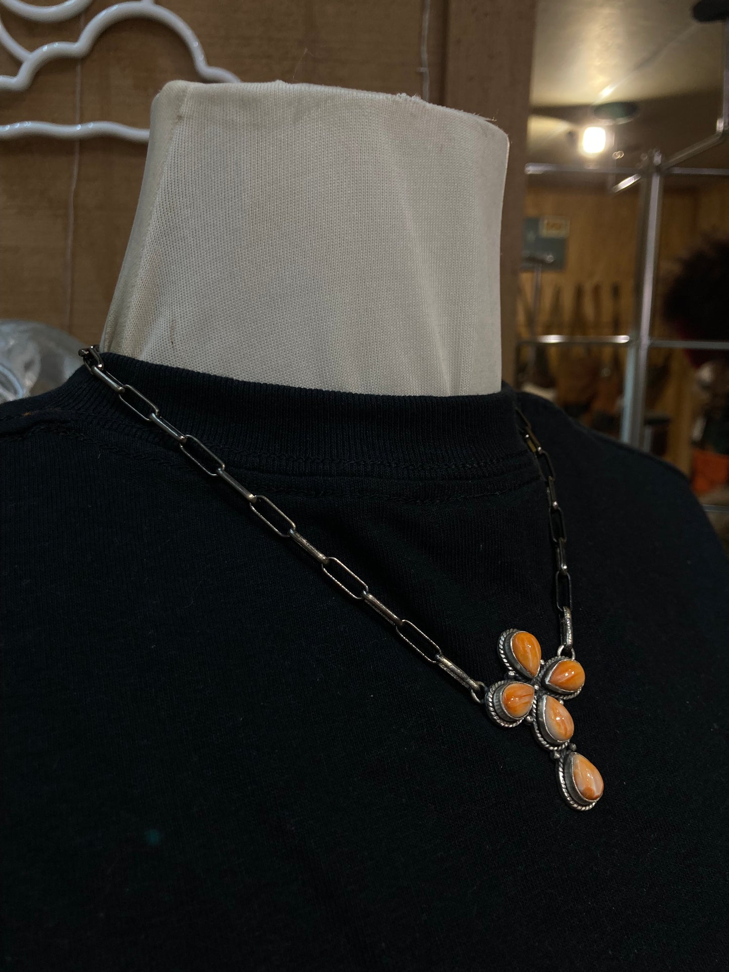 16" Orange Spiny Oyster Shell Cross Necklace