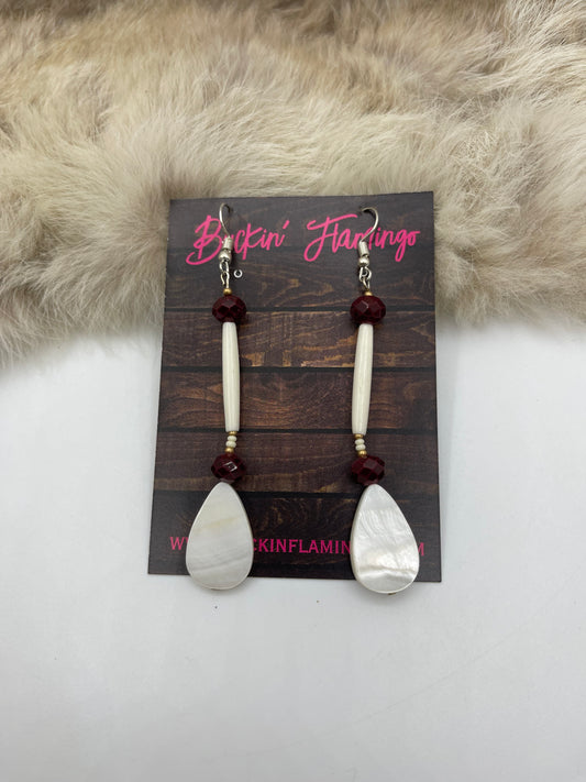Red Glass & Bone Beads Earrings by Ren McCulley, Creek & Seminole