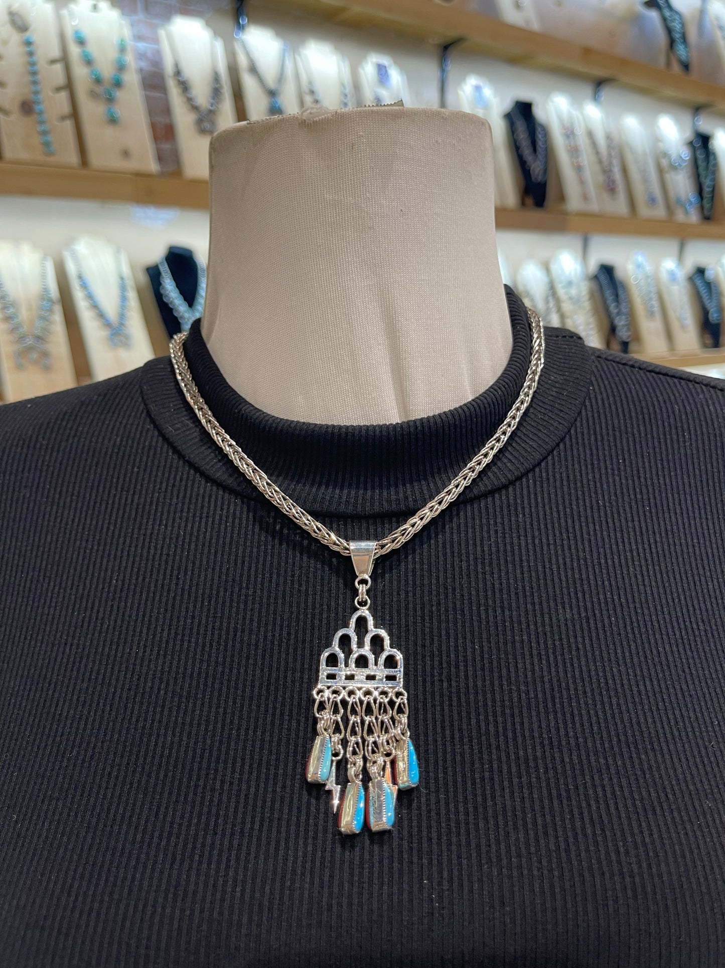 18" Handmade Chain Reversible Coral & Turquoise Rain Cloud Necklace by Smokey Gchachu, Zuni