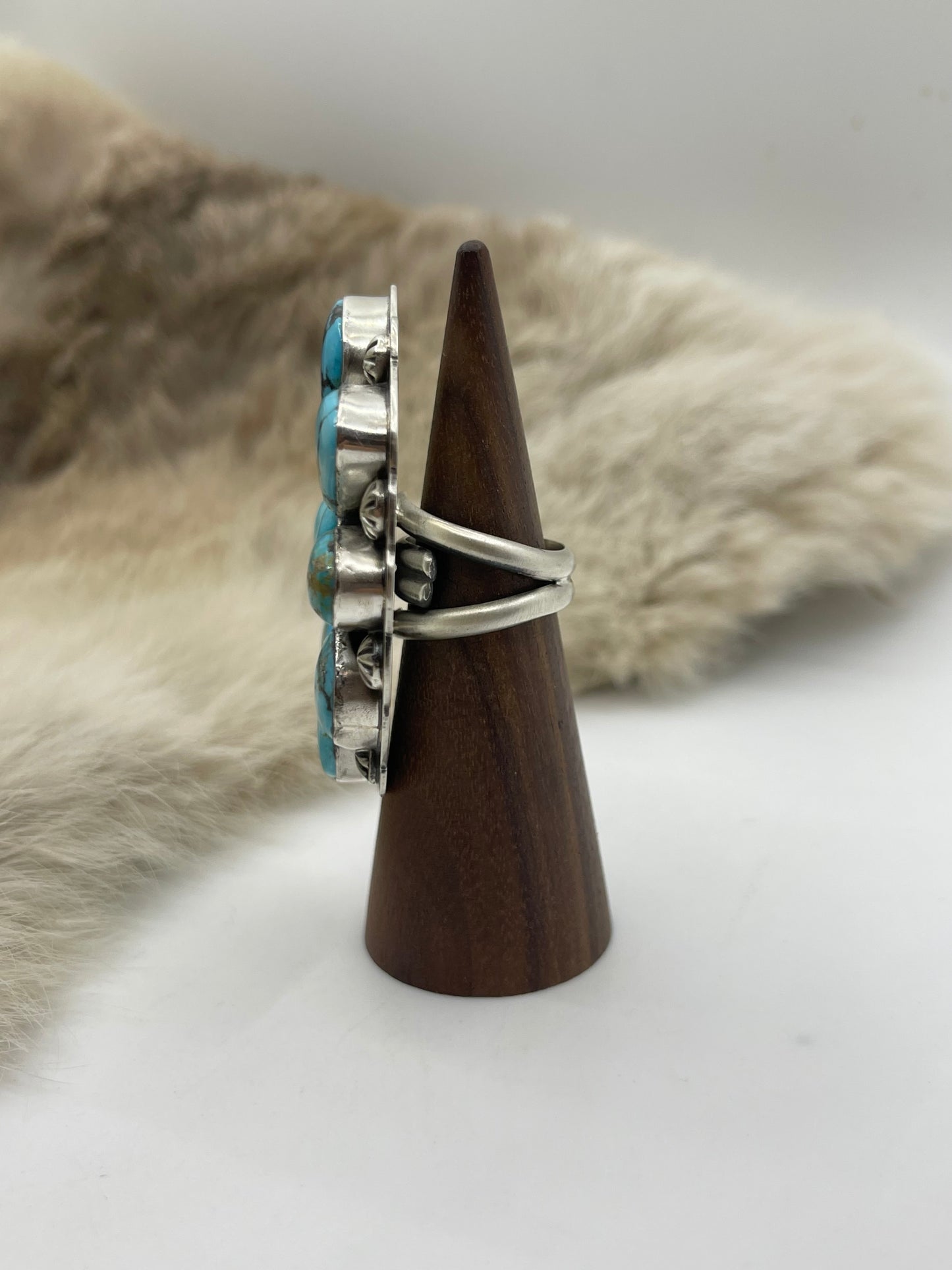 Adjustable 5.0-11.0 High Grade Kingman Turquoise Cluster Ring by Gabby Jurado, Navajo